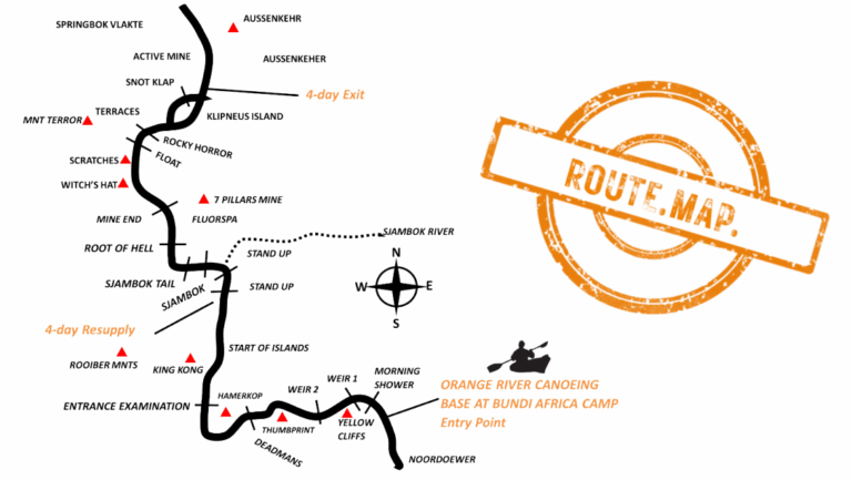 4 days, 5 nights orange river canoeing map route showing canoeing section on richtersveld