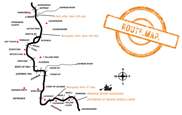 5 days, 6 nights orange river canoeing map route showing canoeing section on richtersveld